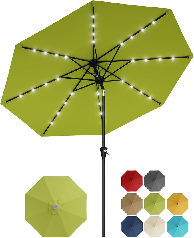 Garvee 10FT Solar Patio Umbrella with 32 LED Lights - Outdoor Table Umbrella with Crank Lift, Push Button Tilt and 8 Sturdy Ribs - Market Umbrella UV Protection for Pool, Deck, Yard, Garden