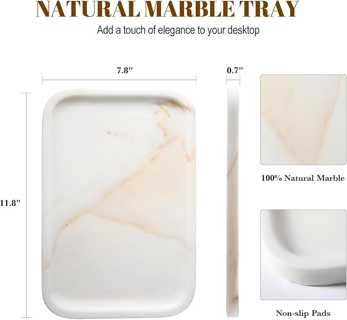Koville Marble Tray, 12"x8" Natural Marble Vanity Tray for Countertop Bathroom Kitchen Dresser, Decorative Catchall Trays for Perfume Jewelry, Rectangular Stone Serving Tray(Golden Calacatta)