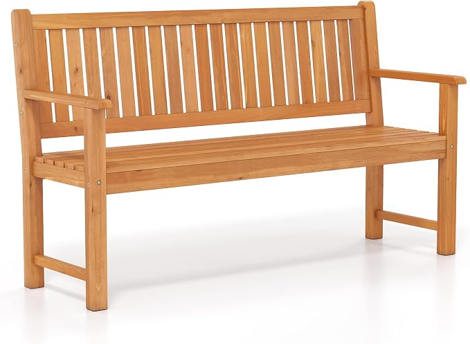 Tangkula 3-Seater Outdoor Wooden Bench, 59” Large Garden Bench with Backrest, Armrests, Slatted Seat, Loads up to 990 LBS, Fir Wood Bench Seating for Porch, Backyard, Deck, Poolside (59",Natural)