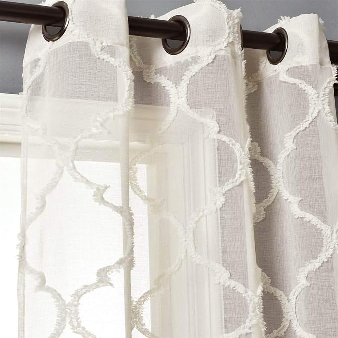 Lush Decor Avon Trellis Grommet Sheer Window Curtain Panels Pair 38" W x 84" L Beige - Sheer Curtains for Living Room - Modern Farmhouse Bedroom Curtains