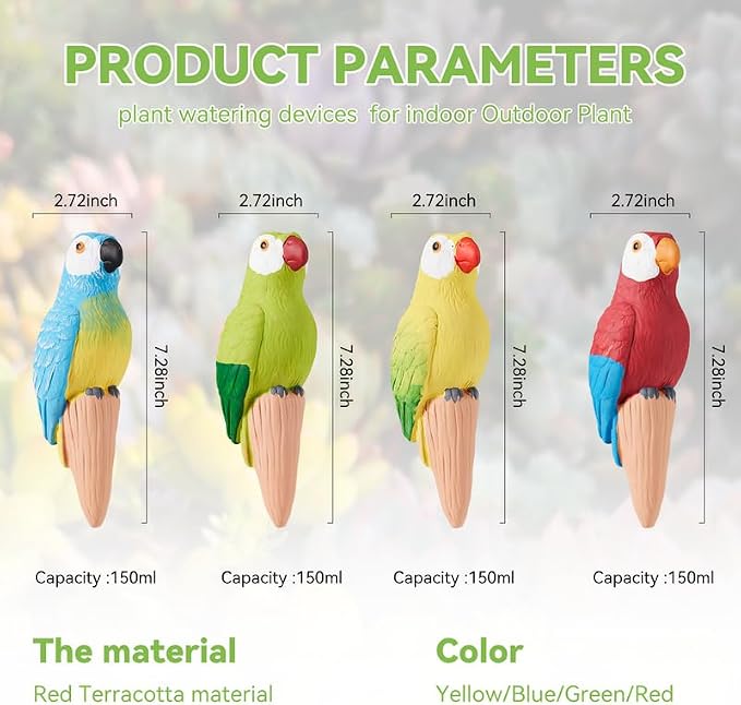 Yeswhat Self Watering Plant Spikes 4 Pack, Terracotta Parrot Automatic Plant Waterer for Indoor Outdoor Plants, Slow Release Watering Stakes, Vacation Plant Watering Devices for Potted Plants Garden