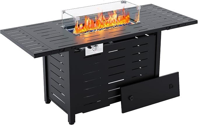 Hipicute 55" Outdoor Propane Fire Pit Table, 48,000 Btu Lp Gas Rectangular Fire Table with Ignition Systems and Lid,Outdoor Firetable with Glass Rocks for Patio Deck Garden Backyard