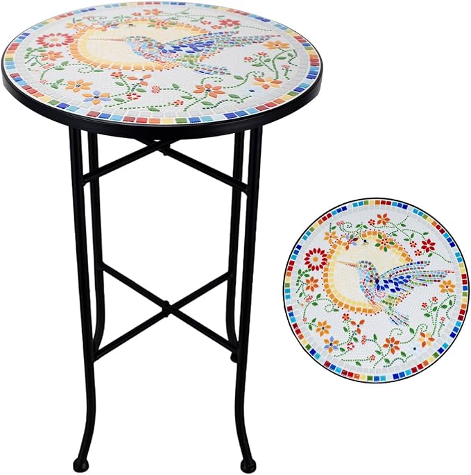 Mosaic Outdoor Side Table Small Round Patio Table Plant Stand | 21" Accent End Table with 14" Ceramic Tile Top for Small Spaces Porch Pool Garden Decor Indoor Living Room Bedroom Balcony