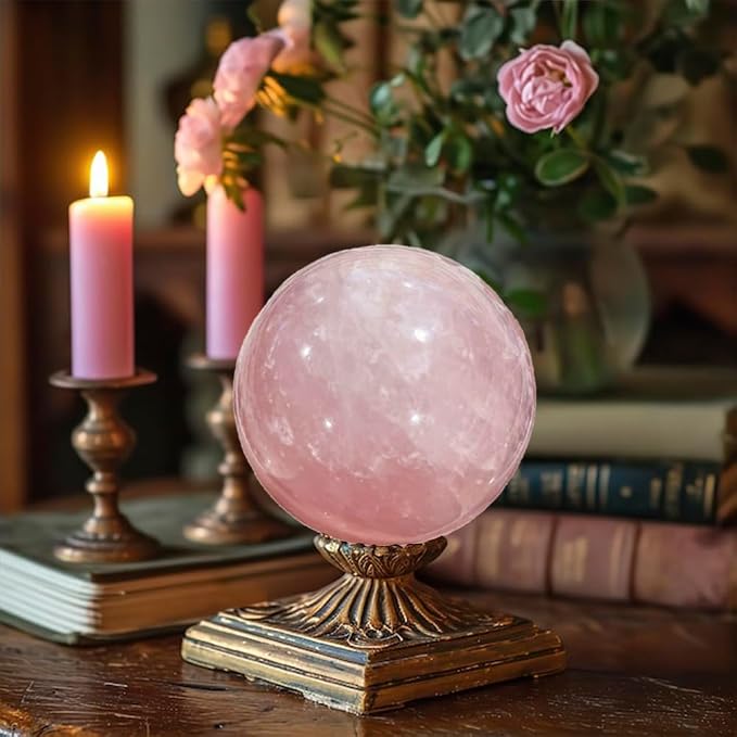 2.4-2.8 inch Natural Rose Quartz Crystal Ball with Stand, Polished Pink Quartz Divination Sphere, Reiki Healing Gemstone Ball, Home Desktop Decor Ornament