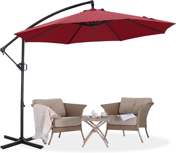 ABCCANOPY 10FT Cantilever Patio Umbrella with base included, 360° Rotation Outdoor Offset Umbrella for Backyard, Deck, Poolside (Dark Red)