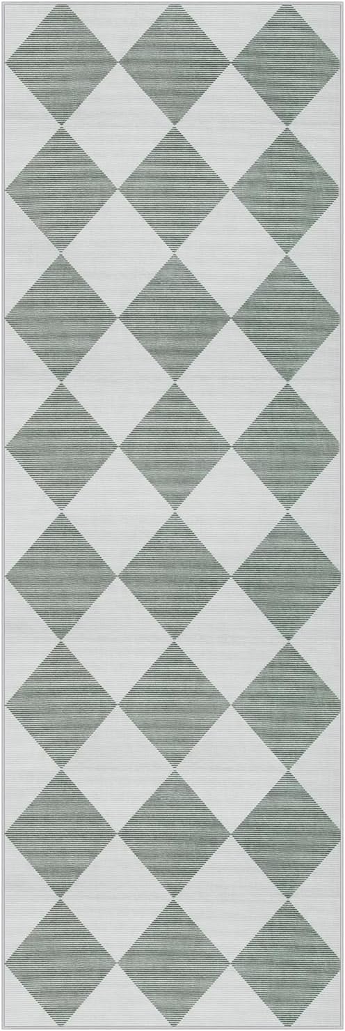 Beeiva Checkered Print Bathroom Runner Rug 2x6, Washable Non Slip Runner Rug for Hallway Ultra Thin Soft 2x6 Capet for Bedroom Decor, Modern Diamond Alfombra for Kitchen Laundry Entryway (Green/White)