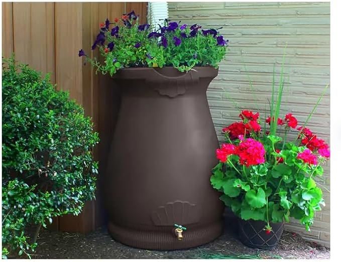 Rain Wizard Decorative Urn Rain Barrel, Durable polyethylene Resin, with Brass Spigot, Flat-Back Design,Perfect for Gardening Any Home (Oak, 65 Gallon)