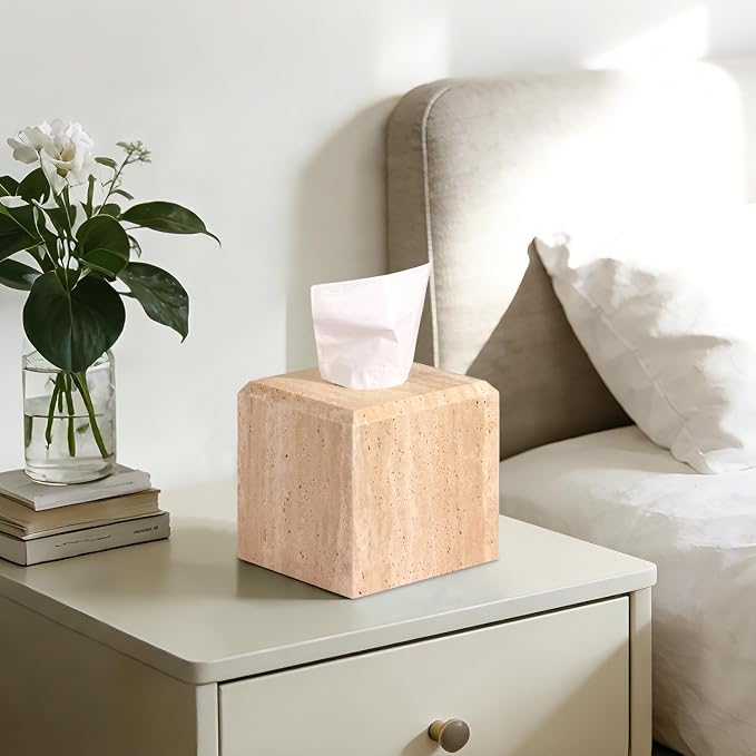 Natural Marble Square Tissue Box Cover,Stone Modern Decorative Sturdy Napkin Box Holder Case,Facial Paper Organizer for Bathroom Vanity Toilet Countertop,Kitchen (1, Travertine, 5.71 * 5.71 * 5.51)