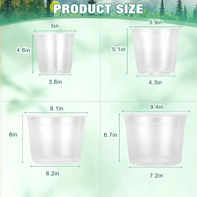 RAOOKIF 10/8/6/5 Inch Clear Nursery Pots with Drainage Hole, 16 Pack Large Nursery Pots for Plants for Indoor Outdoor, Plastic Clear Plant Pots for Flowers, Seedings, Succulents, Vegetables