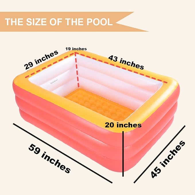 Inflatable Swimming Pool, 59" X 45" X 20" Kiddie Pools with Inflatable Soft Floor, Durable Blow Up Pools for Backyard, Garden or Indoor (Orange)