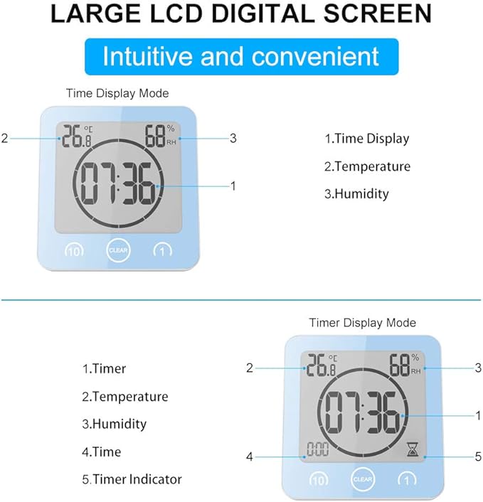 Digital Bathroom Shower Wall Clock Timer, LCD Digital Wall Clock with Suction Waterproof Temperature Humidity Gauge, Touch Screen Timer, Large Countdown Visual Timer Hanging Wall Clock