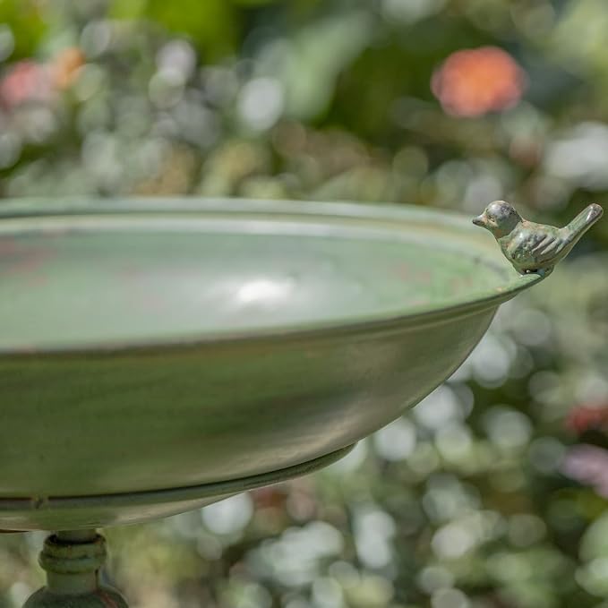 Zaer Ltd. Ornate Metal Pedestal Style Birdbath with Cast Iron Birds on Rim Full Base (Green)