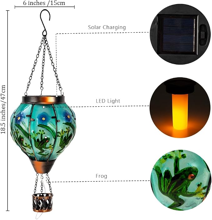 Starsoul Frog Hot Air Balloon Solar Lantern with Candle Holder Glass Outdoor Solar Hot Air Balloon Flickering Flame Lamp Hanging Garden Light Waterproof for Lawn Porch Tree Yard Decorations