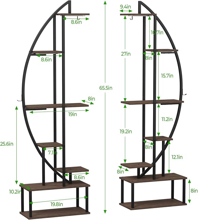 Plant Stand Shelf Indoor with 6 Grow Light, 7 Tiered 65" Tall Black Large Half Moon Lighted Plant Rack Holder, 2 Pack Big High Circular Arch Multi Herb Stand with Built in LED Grow Light Set