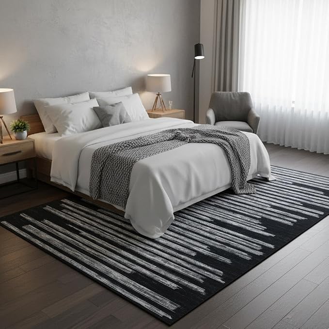 GarveeHome Black Rug 6x9 Washable Low Pile Carpet for Living Room Bedroom | Modern Striped Area Rugs for Home Office Geometric Stain Resistant Non Slip Bedroom Kitchen Rugs , Black