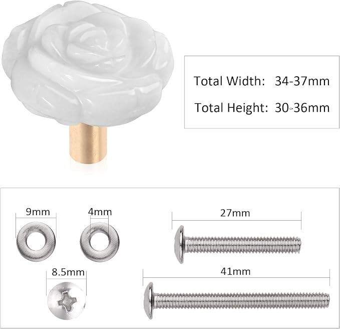 mookaitedecor Set of 4 Natural White Jade Crystal Cabinet Knobs with Screws, Decorative Floral Stone Drawer Pulls for Dresser Door Kitchen