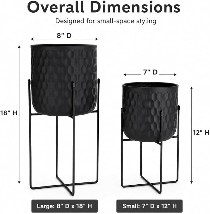 TRIROCKS Set of 2 Metal Planters with Stand, Small Indoor Plant Pots 8" D x 18" H & 7" D x 12" HModern Decorative Flower Pots for Living Room, Entryway, Office, Balcony(Black)