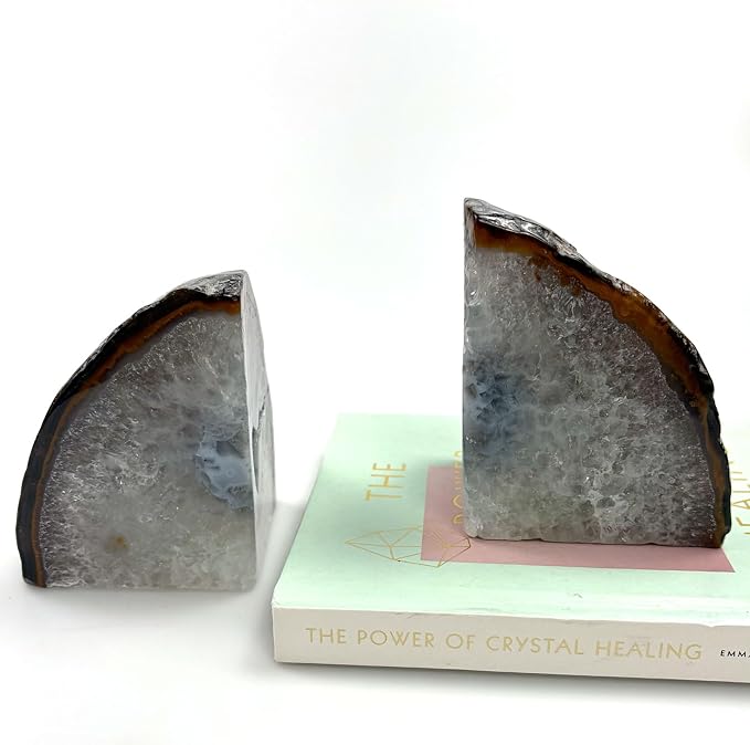Natural Agate Geode Bookends - 2 to 3 lb Heavy Duty Rock Crystal Stone Book Ends for Shelves, with Rubber Bumpers, Decorative Book Holders for Home Office