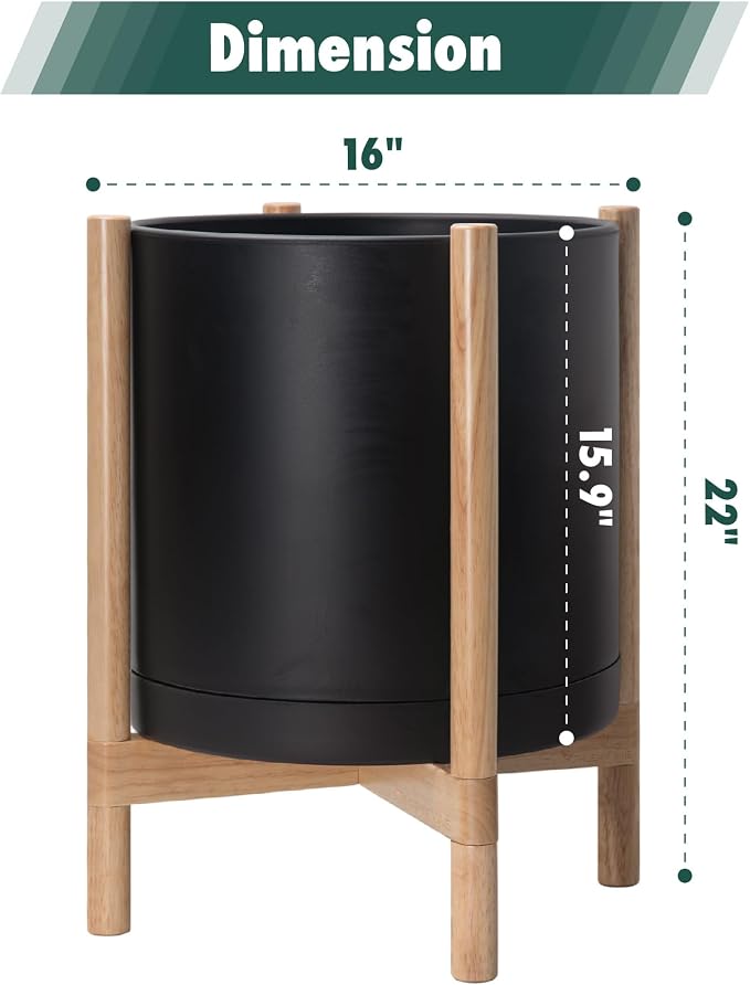 D'vine Dev Planter Pot with Stand - 16 Inch Plastic Cylinder Flower Pot with Wood Planter Holder for Indoor, Matte Black Pot + Natural Stand, 55-C-Y-2