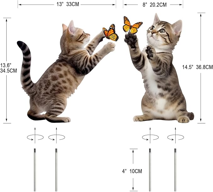 Set of 2 Metal Cat Garden Stakes, Realistic Cats Playing with Butterflies, Outdoor Yard Lawn Patio Decor