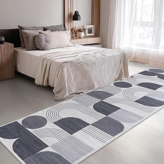 Soft Modern Geometric Abstract Machine Washable 2x6 Runner Rug | Grey Rugs for Bedroom Living Room, Non-Shedding Faux Wool Indoor Throw Floor Carpet for Office Entryway Dining Room Decor