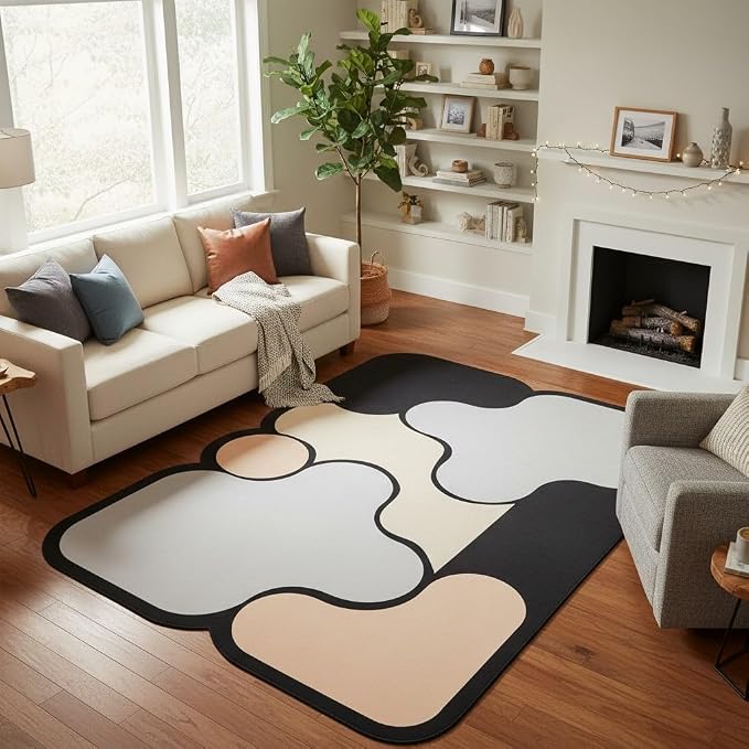 Unique Contemporary Geometric Design Irregular Shape Faux Wool Area Rugs for Living Room Dining Room Office Dorm Decor Black Beige Taupe Funny Mats Easy Clean Thin Quick Dry Durable Carpets 7x9