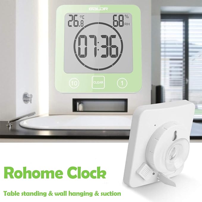 Digital Timer Waterproof Wall Clock, Kitchen Countdown Timer, Shower Clock with Temperature Humidity, Mirror Suction Cup Bathroom Timer, Wall Hanging for Bath Spa Basement Swimming Pool (Green)