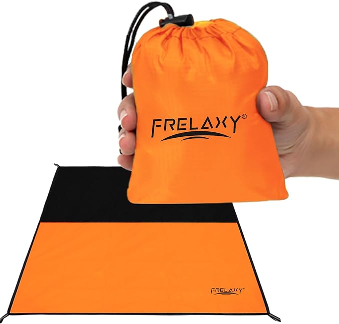 Frelaxy Pocket Picnic Blanket, Waterproof Sandproof Beach Mat, Compact Camping Tarp for Festivals, Hiking, Travel, Outdoor Recreation (Orange, 57'' x 60'')