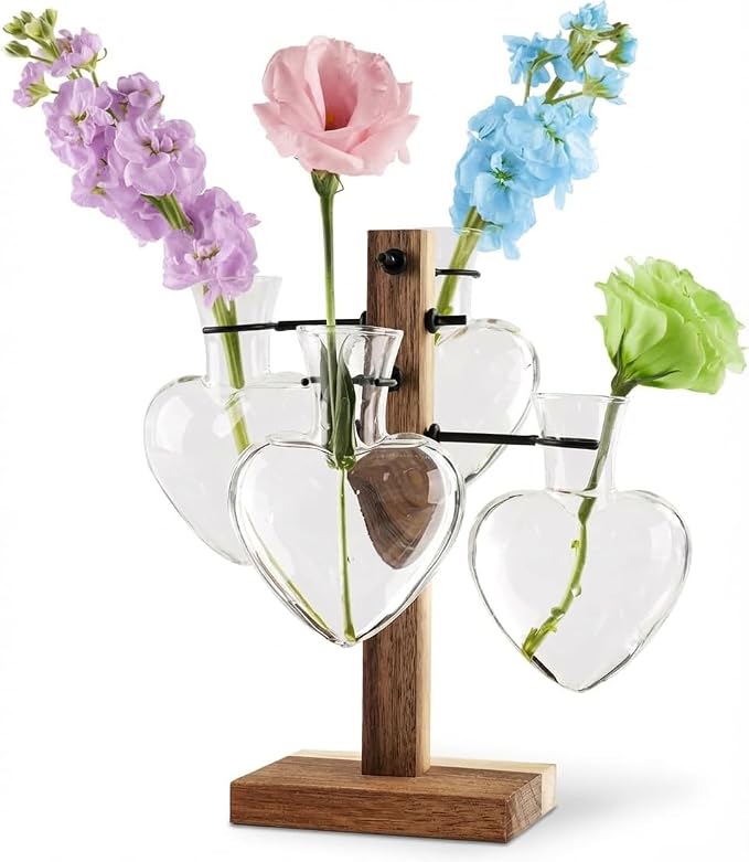 Plant Propagation Station Whith Acacia Wood Stand, 4 Heart Glass Vases | Propagation Vases for Plants，Plant Stand Indoor，Birthday Gifts for Women,Gifts for Plant Lovers，Home Decor