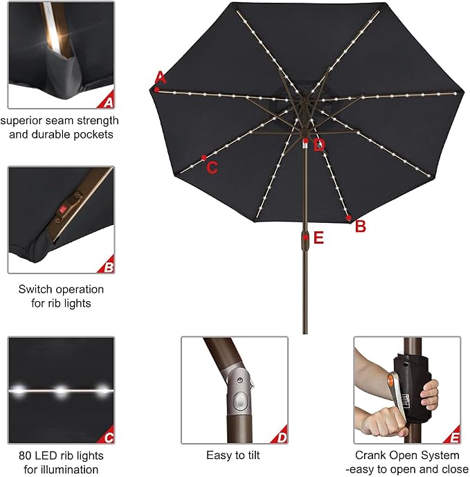 EliteShade USA 10-Year-Non-Fading 9ft Market Patio Umbrella, Commercial Grade Table Sun Umbrella with 80 Solar LED Lights, Crank Open, Windproof & UPF 50+ UV Protection for Garden, Deck, Pool, Backyard, Black