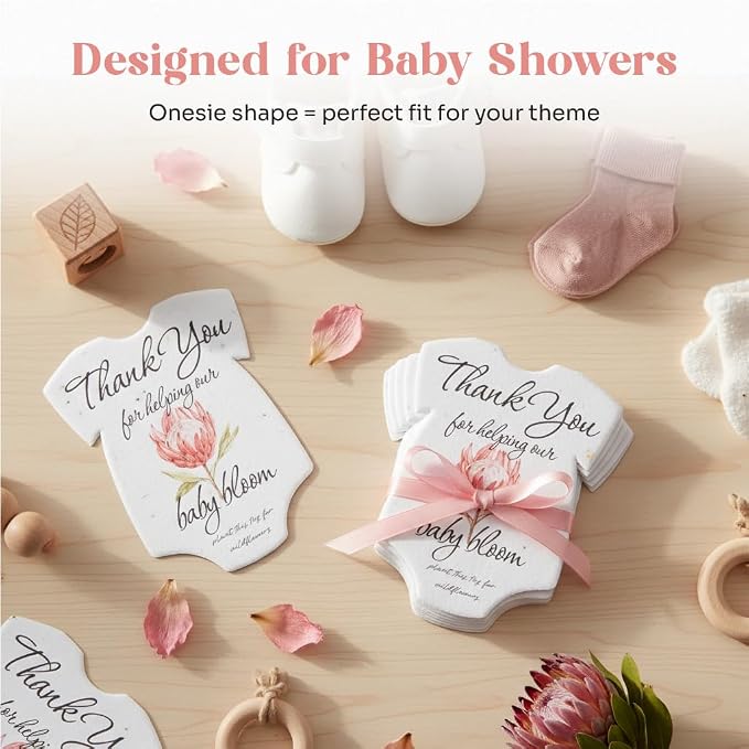 15pcs Protea Onesie-Shaped Gift Tags with Wildflower Seeds - Writable Gift Wrap Tags for Baby Showers, Mother's Day Present, Party Favors, DIY Crafts, & Earth Day Decorations