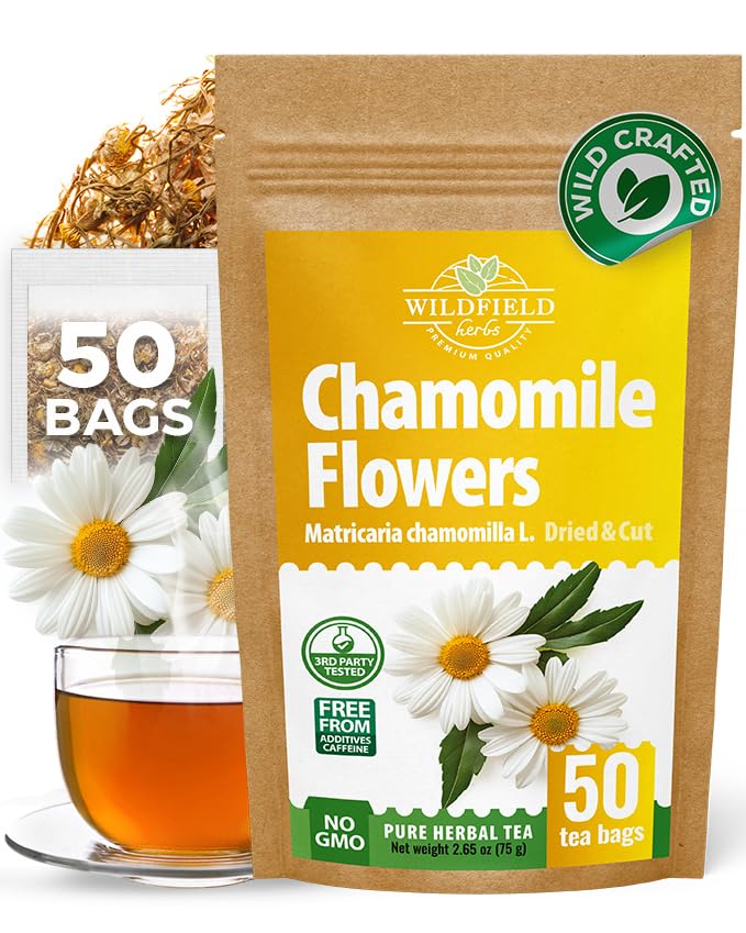 50 Bags Chamomile Flowers Herbal Tea (Matricaria Chamomilla) - 50 Count 1.5g Bags Dried Chamomile Flower Herb Tea