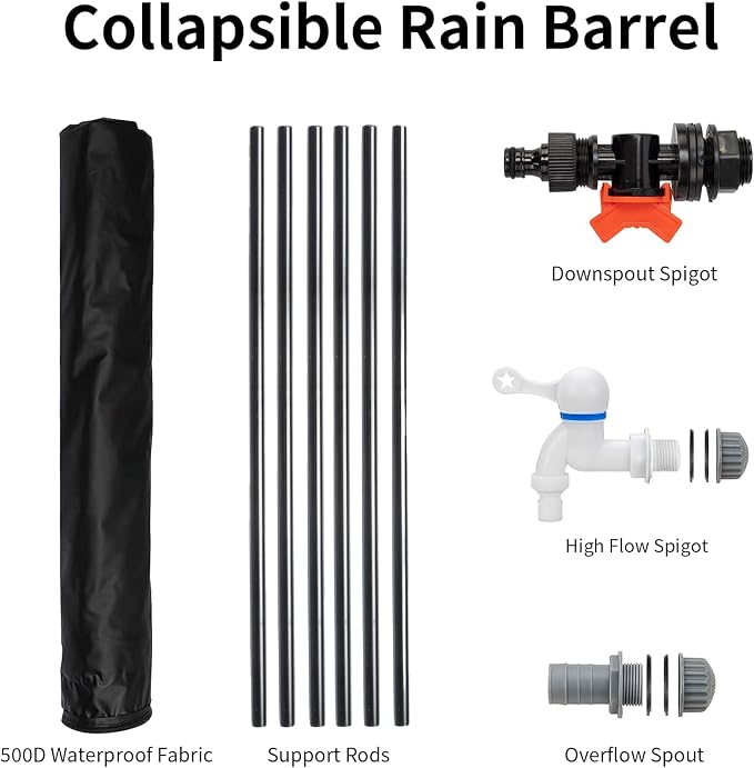 Collapsible Rain Barrel, 50 Gallon Portable Rainwater Collection System, Rain Catcher Barrel, Water Storage Tank with Two Spigots and Overflow Kit, Rain Water Barrel Collector for Garden, Black