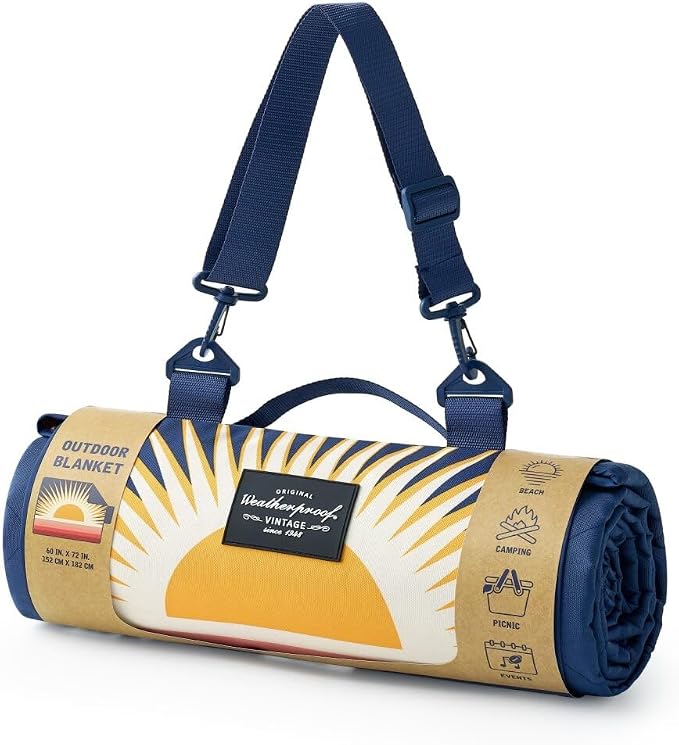 Weatherproof Vintage Waterproof Outdoor Blanket- Blue and Yellow Roll Up Throw Blanket with Handle, Velcro Closure - Camping Supplies, Travel Blanket for Beach, Picnic & Events, 60"x72" (Big Sun)
