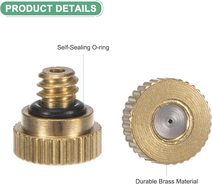 M METERXITY 30-Pack Brass Misting Nozzle, 0.02" 0.5mm Orifice 10/24 UNC O-Ring Replacement Mister Nozzles Plug Mister Heads for Garden Patio Outdoor Cooling System Low-Pressure Atomizing