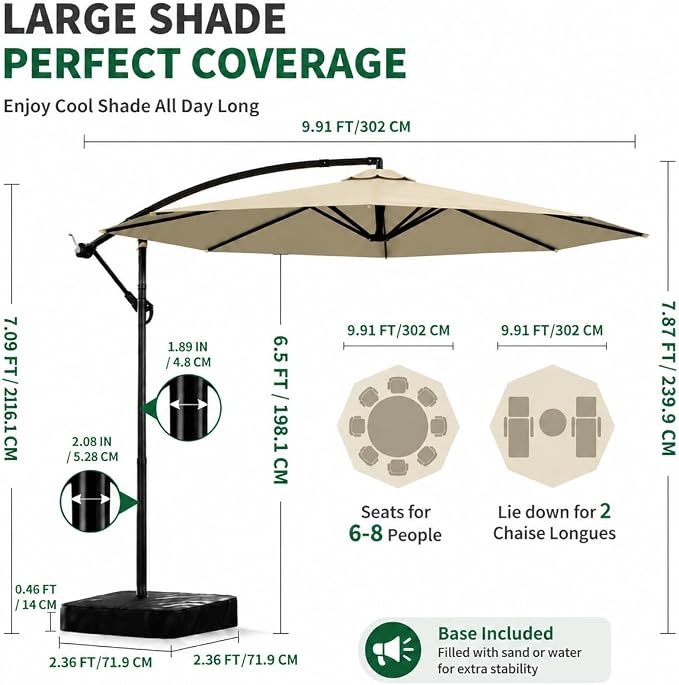 10FT Patio Umbrella with Base, Outdoor Umbrella Pool Umbrella Cantilever Umbrells - UV Protection, Easy Tilt & 360° Rotation for Poolside, Backyard & Garden