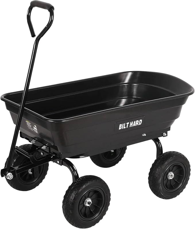 BILT HARD 4 Cu.Ft. 10" No-Flat Tires Poly Yard Dump Cart with 180° Rotating Handle, 600 lbs Capacity Heavy Duty Garden Carts and Wagons