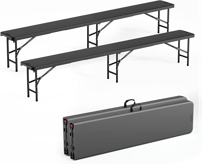 VINGLI 8 feet Plastic Folding Bench,2 Pack Portable in/Outdoor Picnic Party Camping Dining Seat, Garden Soccer Multipurpose Entertaining Activities, Smooth HDPE Tabletop (2, Black, 8ft)