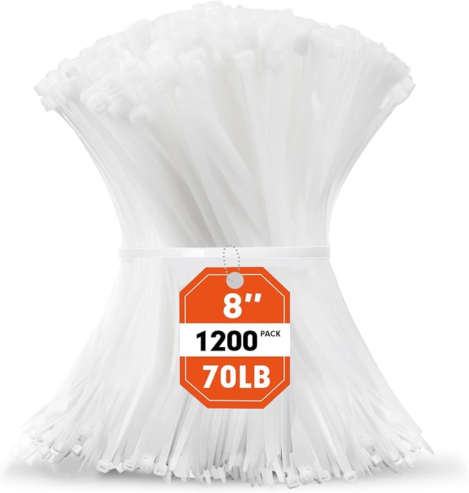 Zip Ties, RAZCC 1200pcs White Cable Zip Ties 8 Inch, Heavy Duty Plastic Wire Ties with 70lb Tensile Strength, Self-Locking White Nylon Tie Wraps for Indoor and Outdoor