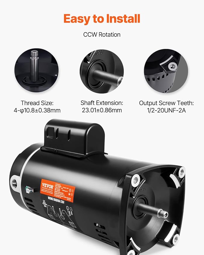 VEVOR 2 HP Pool Pump Motor, 3450 RPM High Speed, 230V (7.8 Amps), 50μF/250V Capacitor, 1.3 SF, CCW Rotation, 56Y Square Flange Replacement Motor for Swimming Pools, Spa Centers