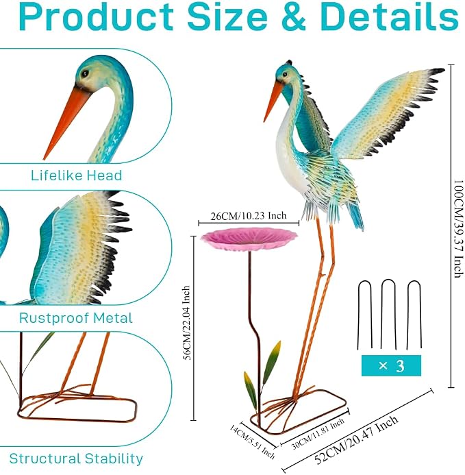 39" Garden Statue Extra Large Heron Sculpture | Metal Yard Art Lawn Ornament Outdoor Decor Backyard Pond Porch Patio Landscape 3 U Stakes Windproof Bird Lover Gift