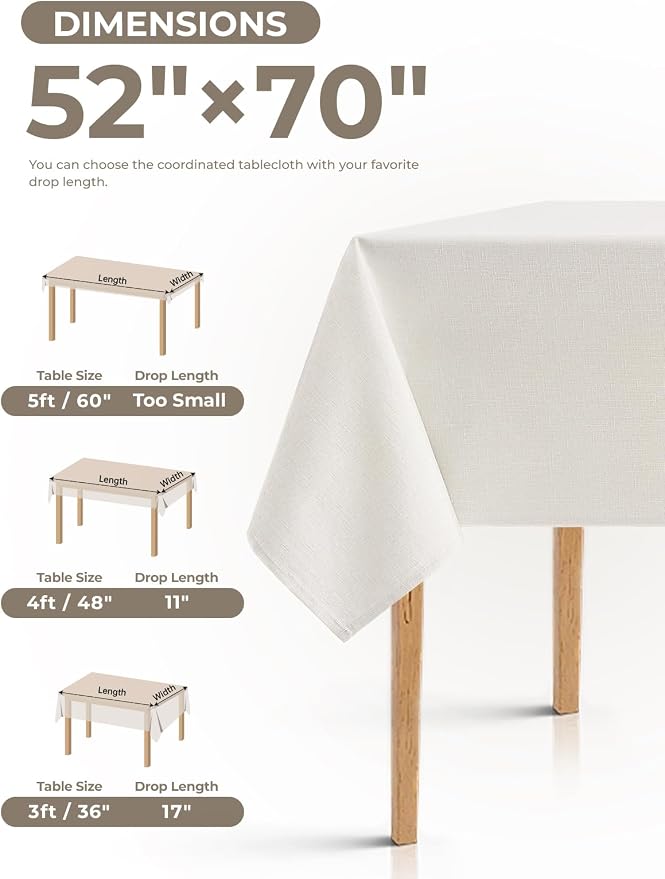 Decorelia Faux Linen Waterproof Tablecloth,Ivory, 52" x 70" (Rectangular)