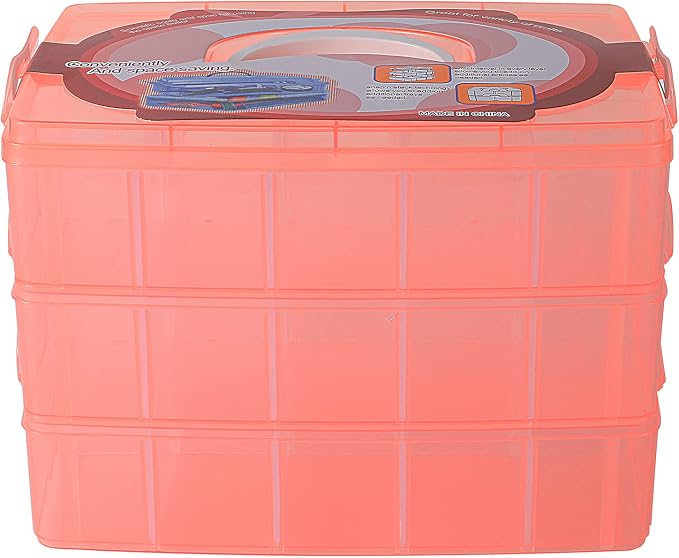 Sooyee Craft Storage Organizer, 3-Tier Plastic Sewing Box with Dividers, Storage Containers for Organizing Art Supplies, Fuse Beads, Washi Tape, Jewelry, Tool, Toy, Orange, 10"(L) x 6.7"(W) x 7"(H)
