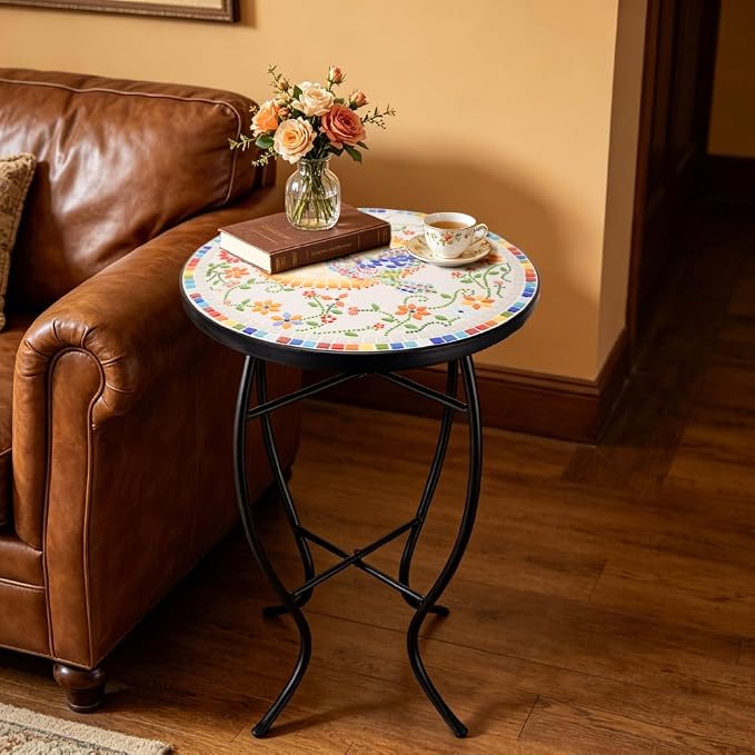 Mosaic Outdoor Side Table Small Round Patio Table Plant Stand | 21" Accent End Table with 14" Ceramic Tile Top for Small Spaces Porch Pool Garden Decor Indoor Living Room Bedroom Balcony