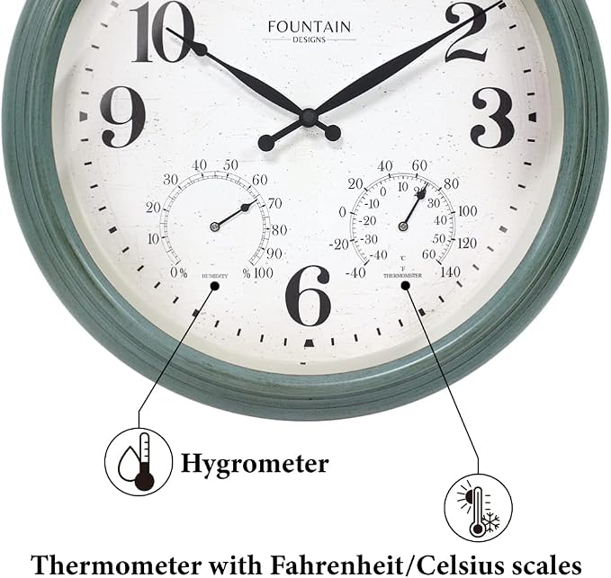 18 Inch Maison in/Outdoor Clocks Waterproof, Large Outdoor Clock Thermometer Combo, 3 in 1 Weather Stations,Aged Teal