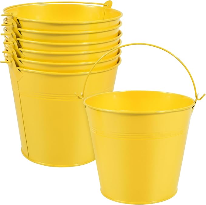 OBTANIM 7 Pack Yellow Metal Buckets with Handle Galvanized Ice Pails for Plants, Succulents, Party Favors Organizing, Rustic Home Decor or Classrooms Pencil Storage (6 x 4.4 inch)