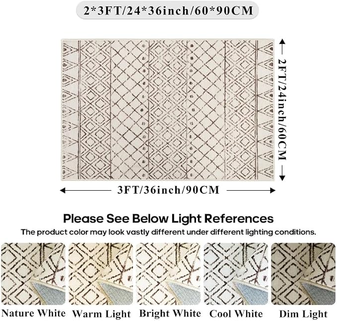 2x3 Small Rug Washable Rug: Moroccan Kitchen Low Pile Area Rugs Beige | Non Slip Geometric Indoor Mat with Rubber Backing Soft Area Rug Pet Friendly for Entryway Front Door Bedroom