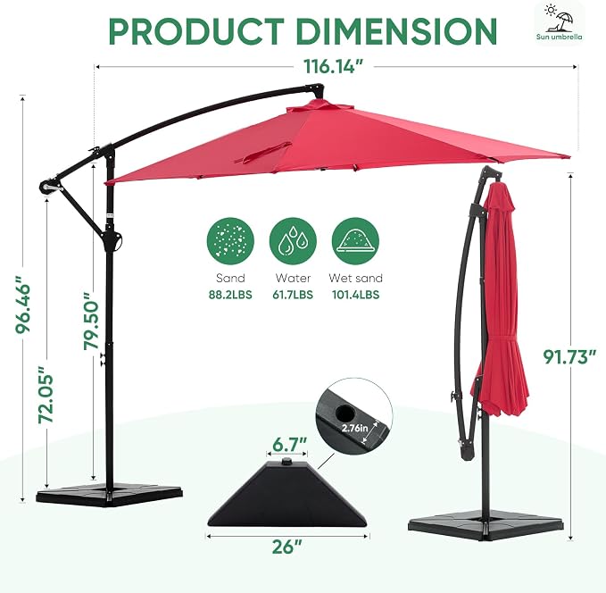 NEWBULIG 10FT Patio Umbrella, Offset Cantilever Outdoor Patio Table Umbrella, UV Protection, Fade Resistant Fabric, Easy Tilt Adjustment for Pool, Deck, Garden, Backyard, Red