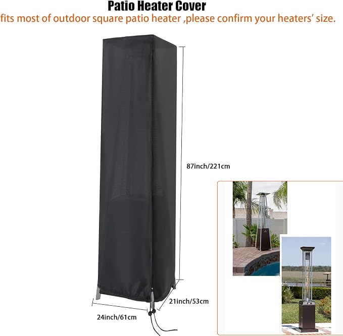 Patio Heater Cover- 87" H x 21" W x 24" D | Waterproof Outdoor Propane Heater Covers for Pyramid Heater with Zipper, Black