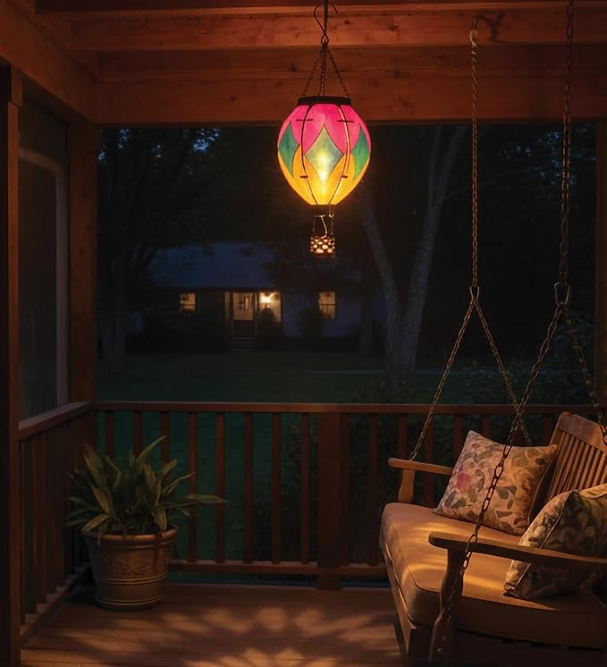 Regal Art & Gift Hot Air Balloon Solar Lantern – Hanging Solar-Powered LED Lights, Waterproof Portable Decorative Outdoor Lamp Made of Metal & Glass for Garden, Patios & Pathway – Diamond (Small)